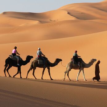 People riding camels in an Egyptian desert